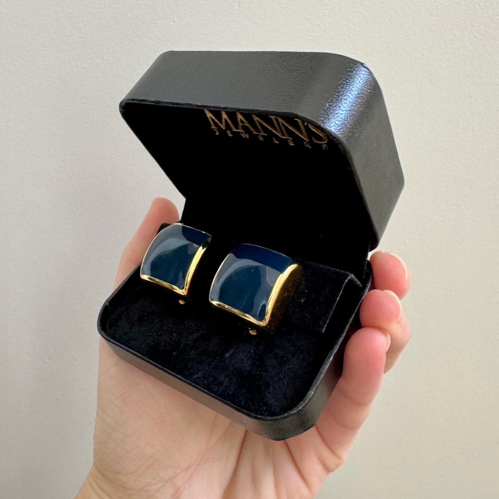 Vintage 80s C.M.Lent Gold & Navy Enamel Square Fashion Clip-On Earrings - Picture 8 of 16